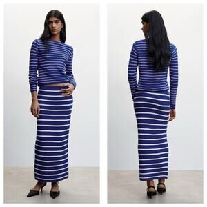 NWT Mango Striped Knitted Midi Skirt Size Medium Blue White Stretch